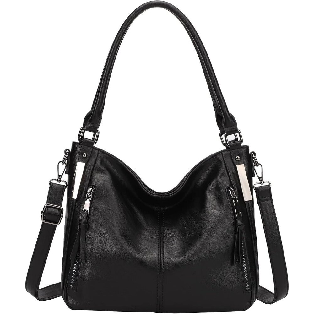 Women Black PU Leather Shoulder Tote Bag with Large Capacity and Multiple Pocket